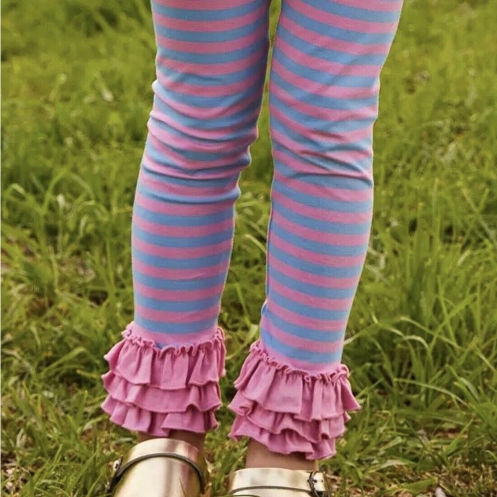 Matilda Jane NWT Girls Size 10 Blue and Pink Stripe Leggings with Ruffle